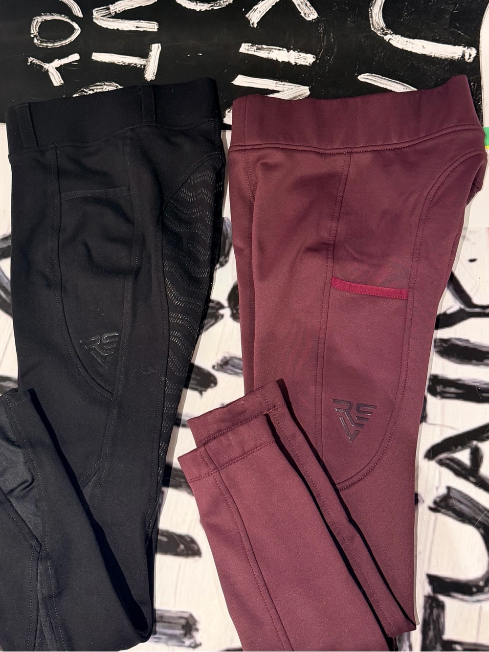 Girls Riding Leggings - Black & Burgundy equestrienne pants